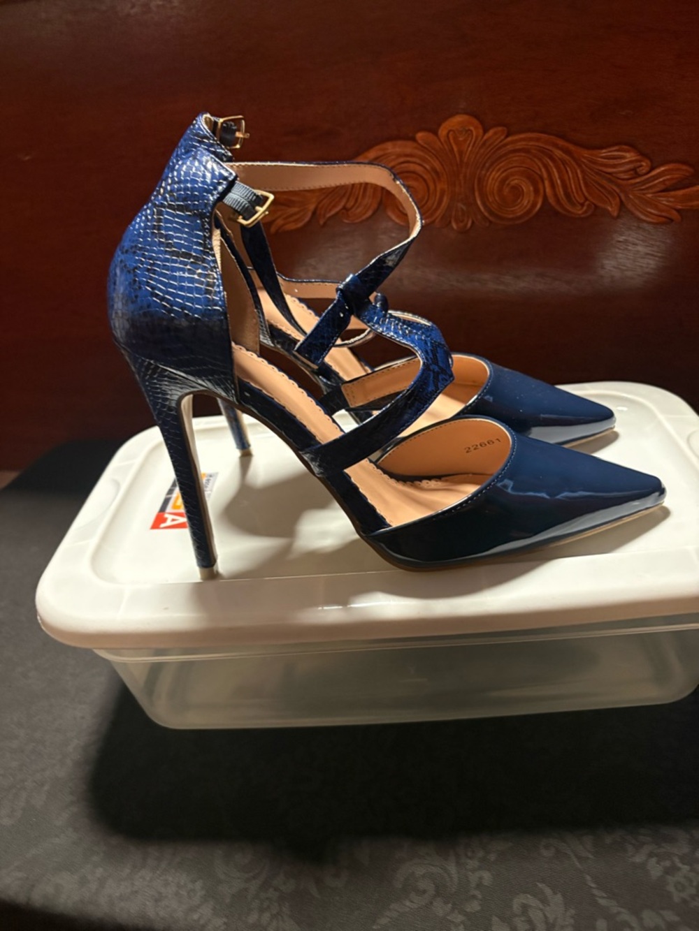 Women's Navy Strappy Pointed-Toe High Heels
